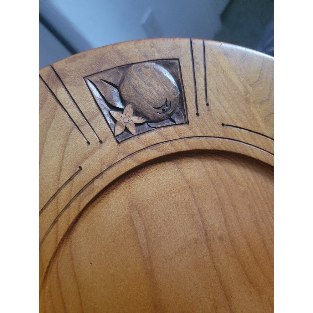 Vtg Hand Turned 14" Carved Birch Wood Platter Snack Plate Apple Carvings Signed - Picture 10 of 11